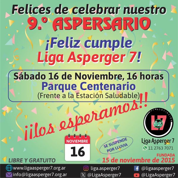 Imagen promocional del cumple número 9 de la Liga Asperger. El cumple será en Parque Centenario el 16 de Noviembre a las 16hs.