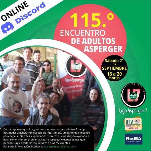 Imagen promocional del 115° encuentro de Adultos Asperger, online via Discord.