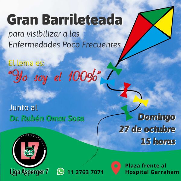 Imagen promocional del evento Barrileteada 2024 para visibilizar a las enfermedades poco frecuentes. Se ve un barrilete y los datos del evento. El lema es Yo soy el 100%